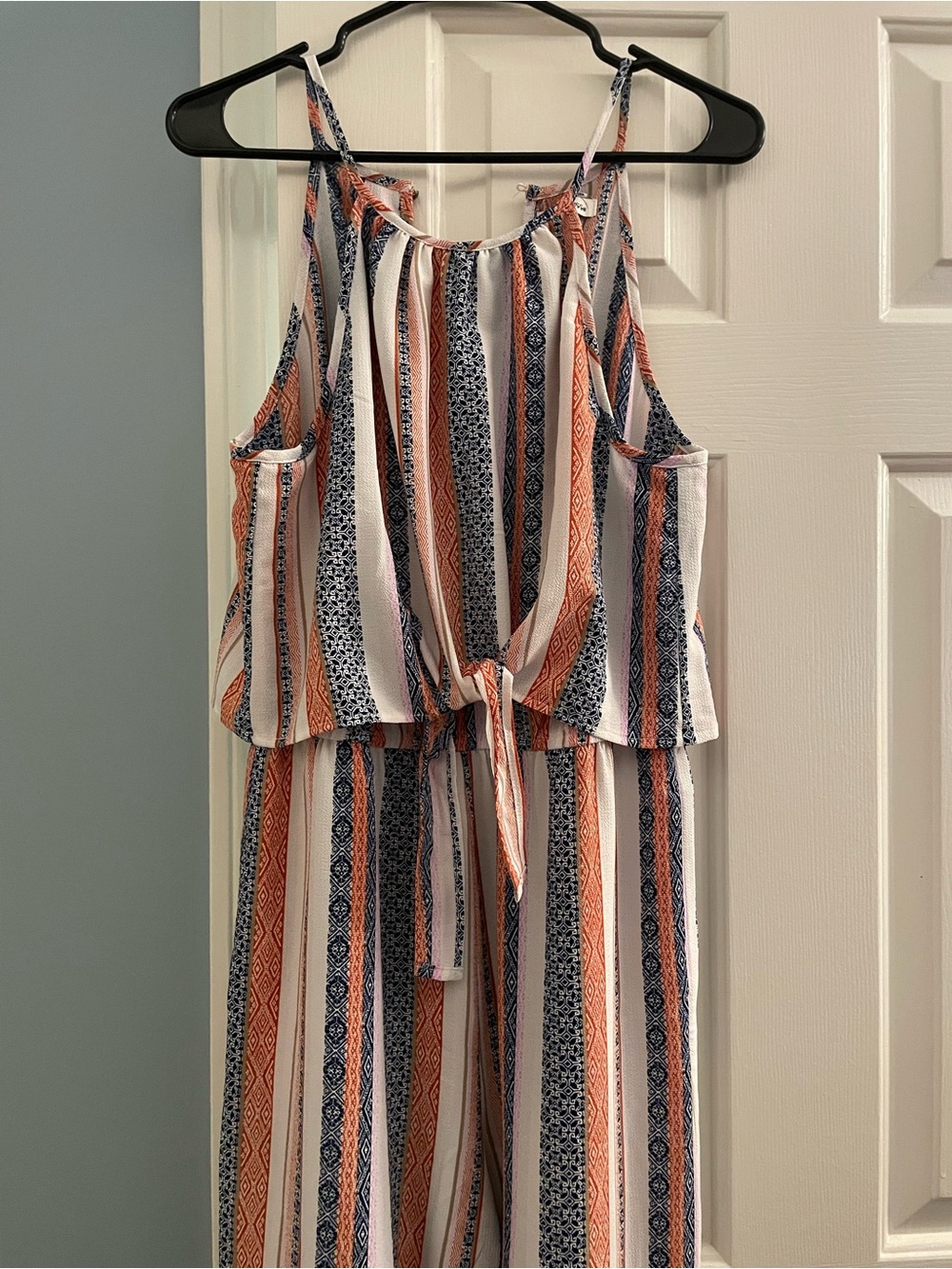 Speechless Striped Tie-Front Jumpsuit in Navy, White & Rust
